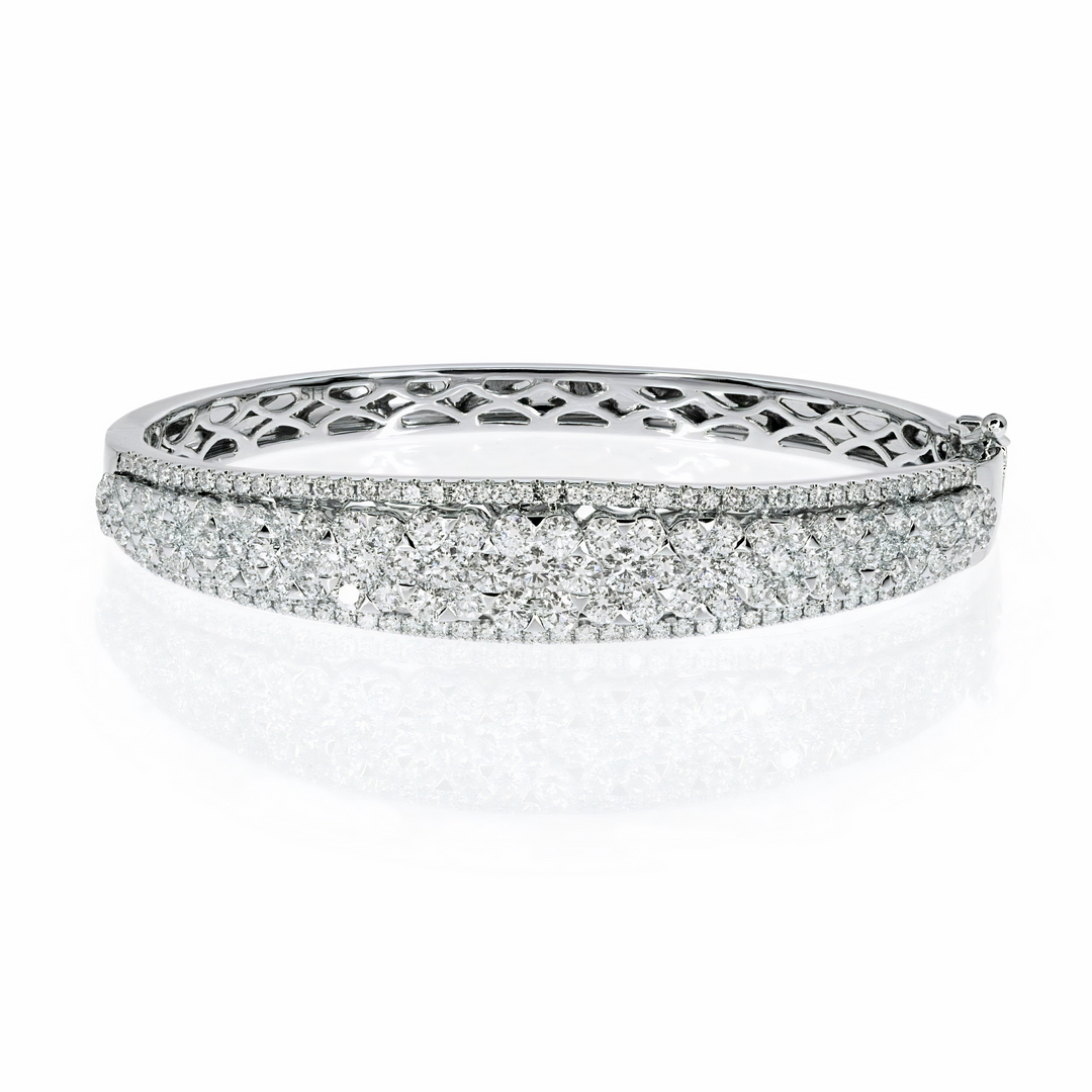 18kt gold diamond floral cluster thick width bangle - W0741
