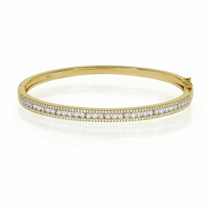 18kt gold 3-row channel and pave set diamond bangle - W0753