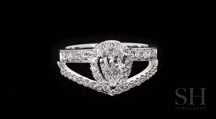 Modern Pear Shape halo ring with pave set double band - W0402