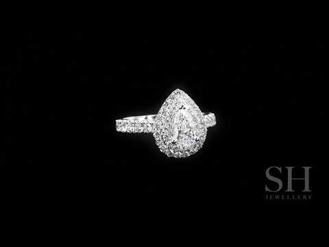 Bright Pear Shaped Double Halo Ring with Pavé Set Band - W0576