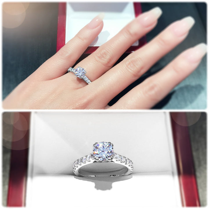 Classic engagement ring with 4-Claw double prong tips and pavé set band - W0020