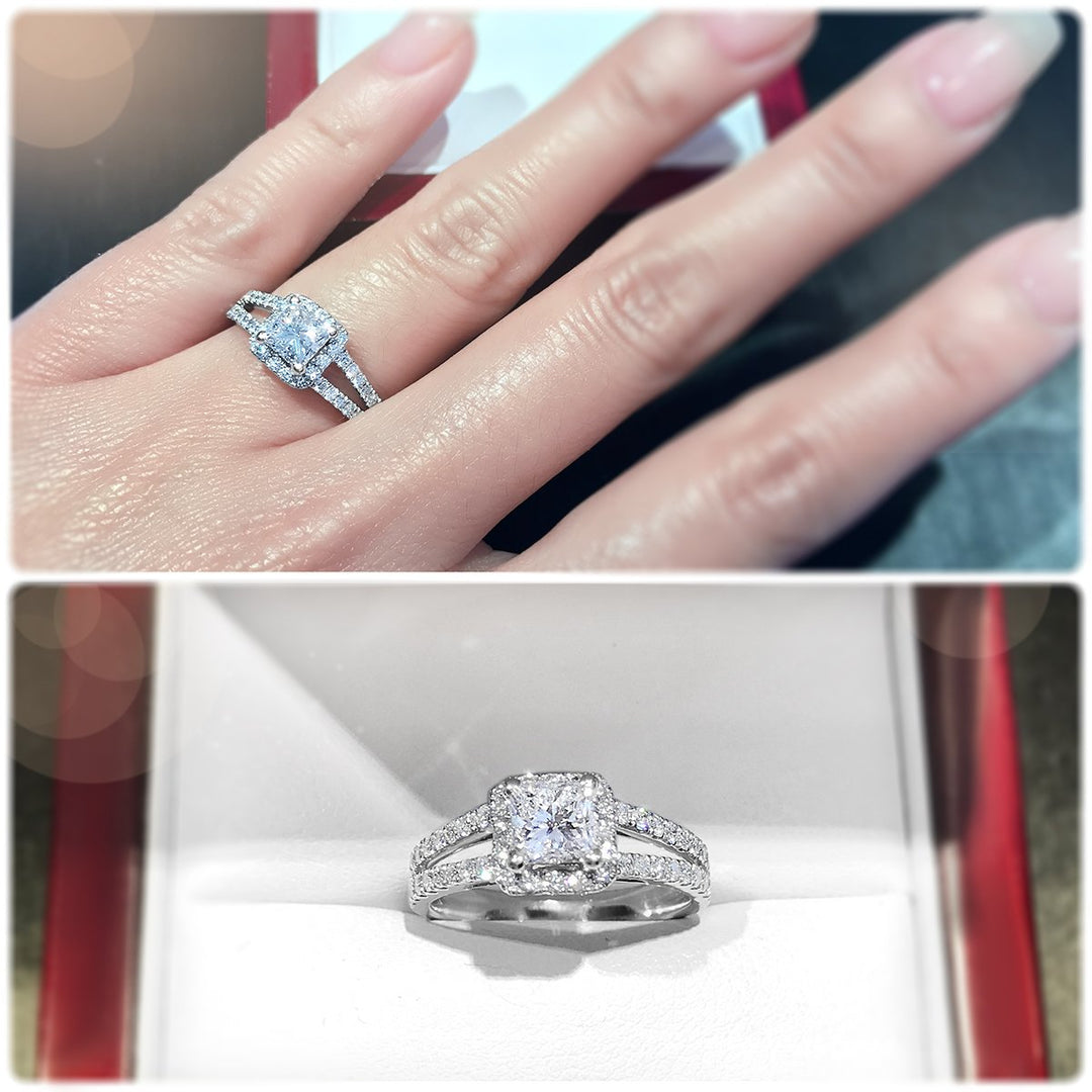 Princess Cut halo and twin pavé set diamond band - W0048