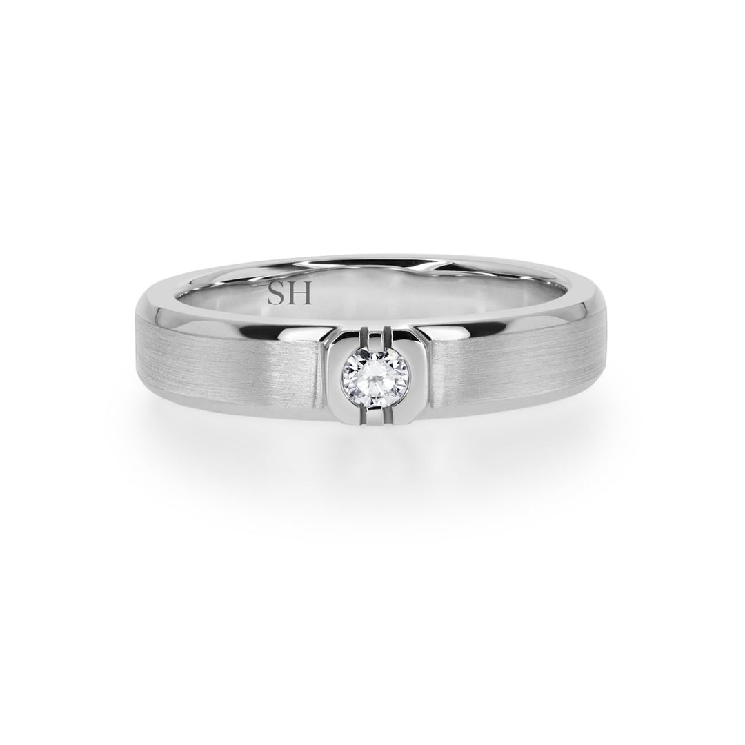 Men’s white gold low profile diamond band with bevelled edges and geometric centre (4.5mm) - W0389