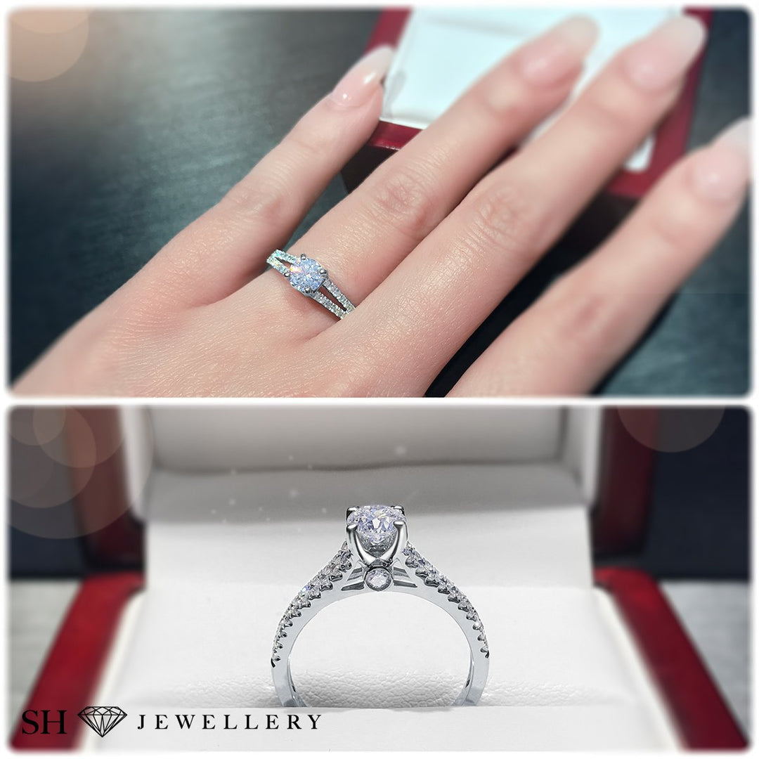 Classic 4-Claw engagement ring with split pavé set diamond band (WG) - W0259