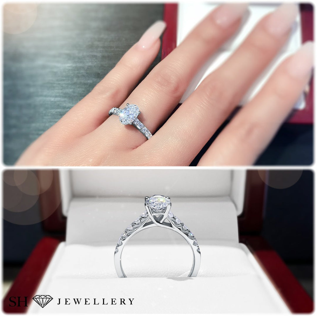 Timeless 4-claw Oval diamond ring with pave set band - W0407