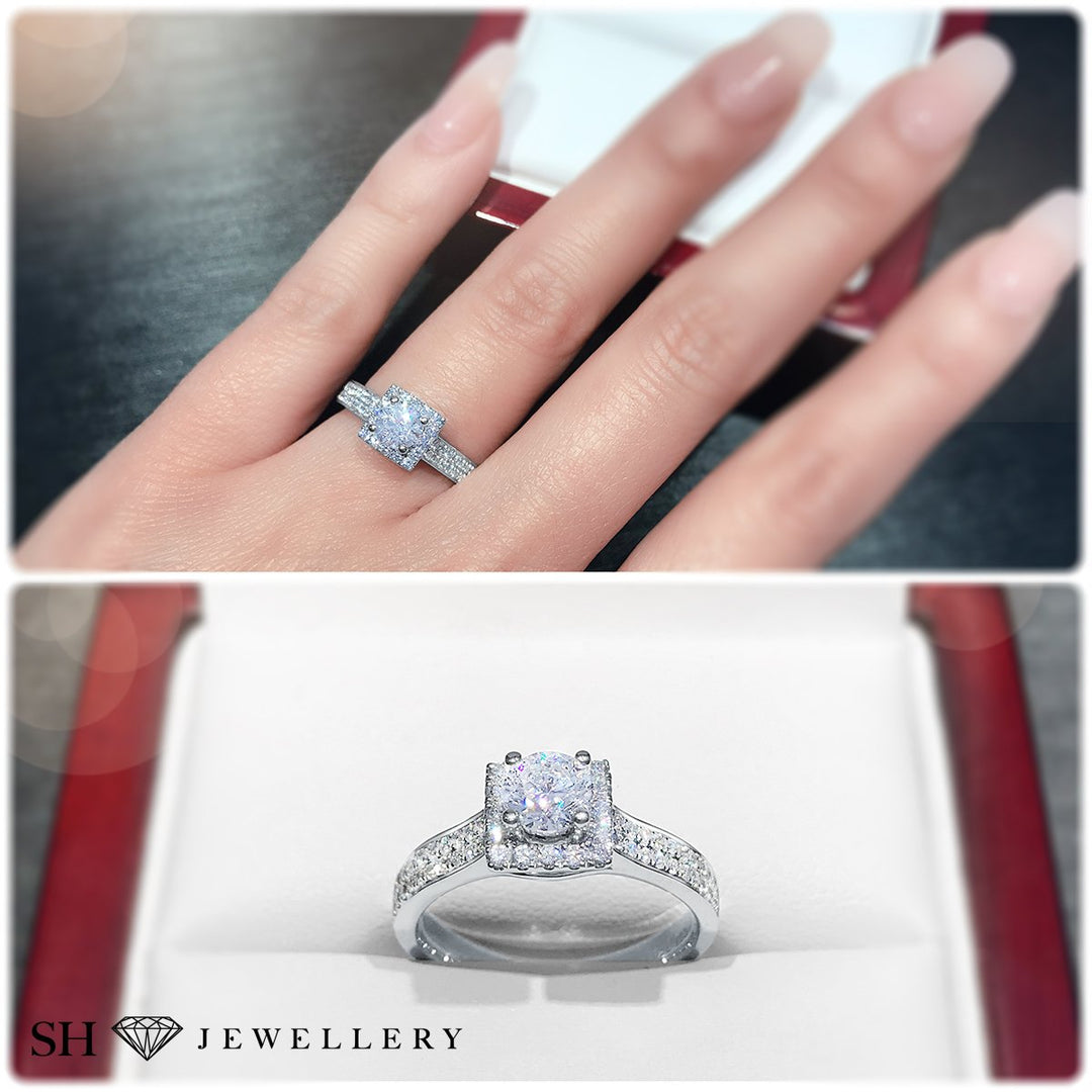 Square halo with double-row pavé set band - W0037