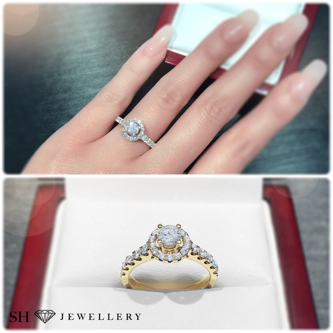Halo style engagement ring with pavé set band - W0044