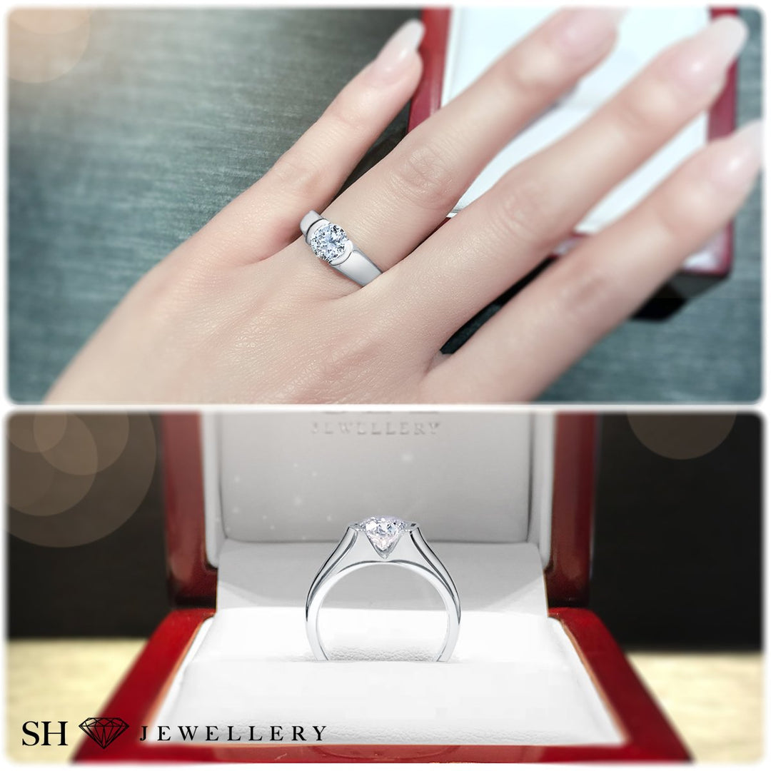 Modern half bezel set solitaire engagement ring - W0010