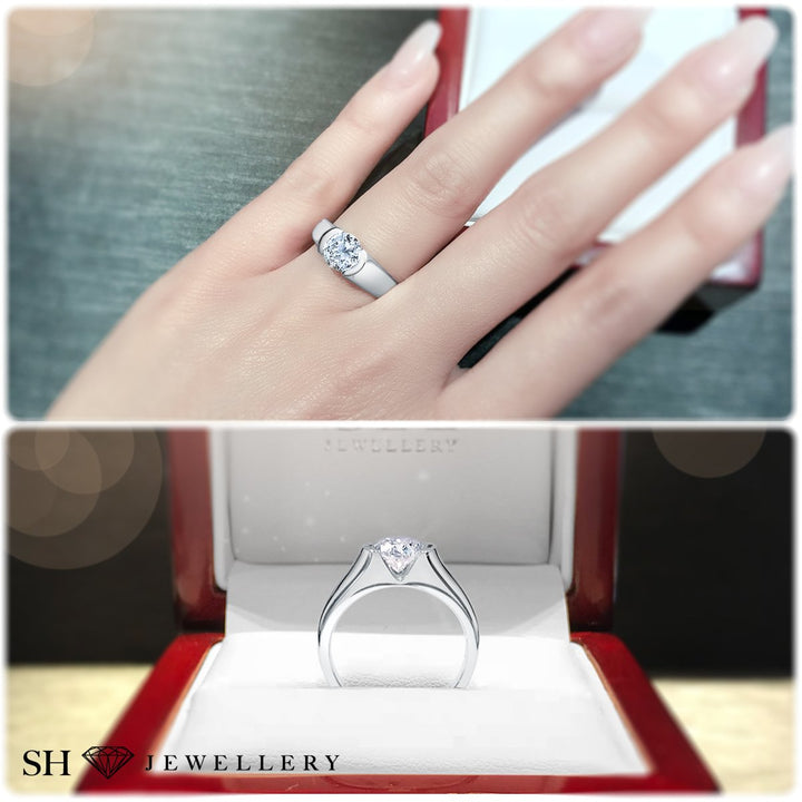 Modern half bezel set solitaire engagement ring - W0010