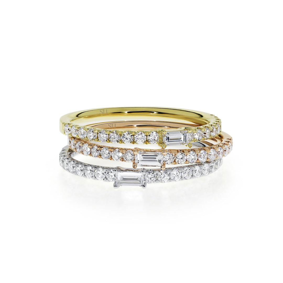 Modern tri gold three ring diamond stacker set - W0371