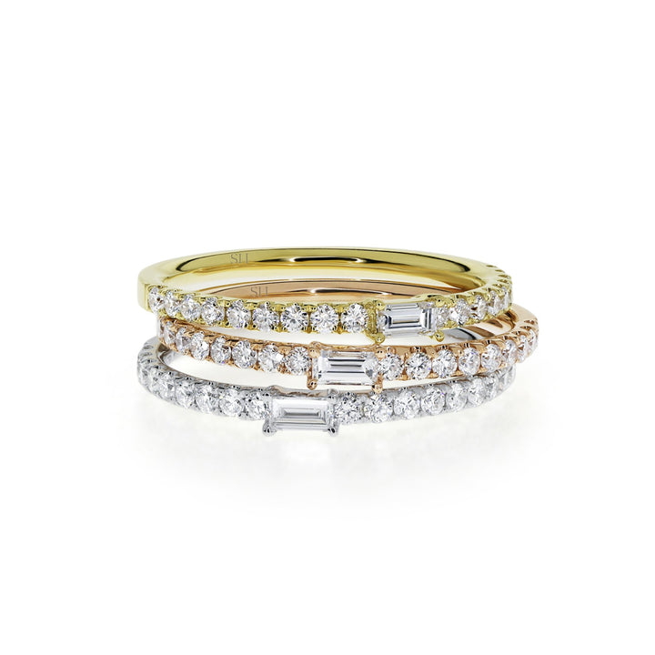 Modern tri gold three ring diamond stacker set - W0371