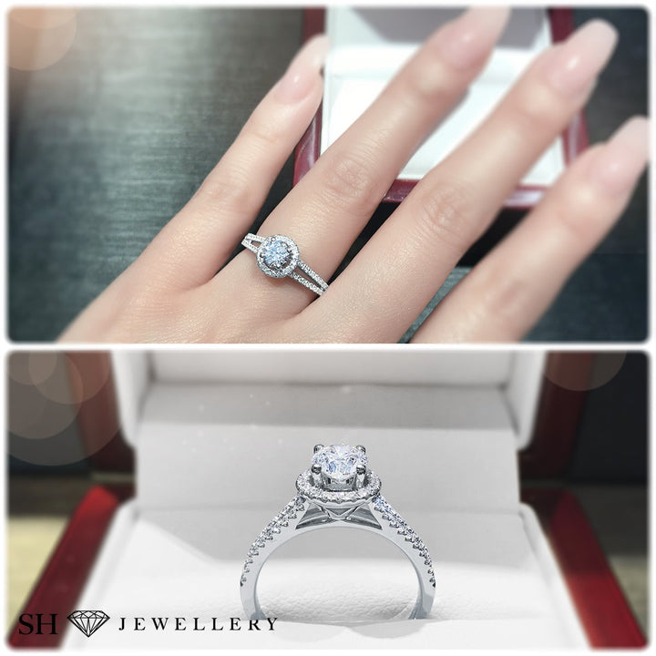 Halo style engagement ring with twin pavé set diamond bands - W0038
