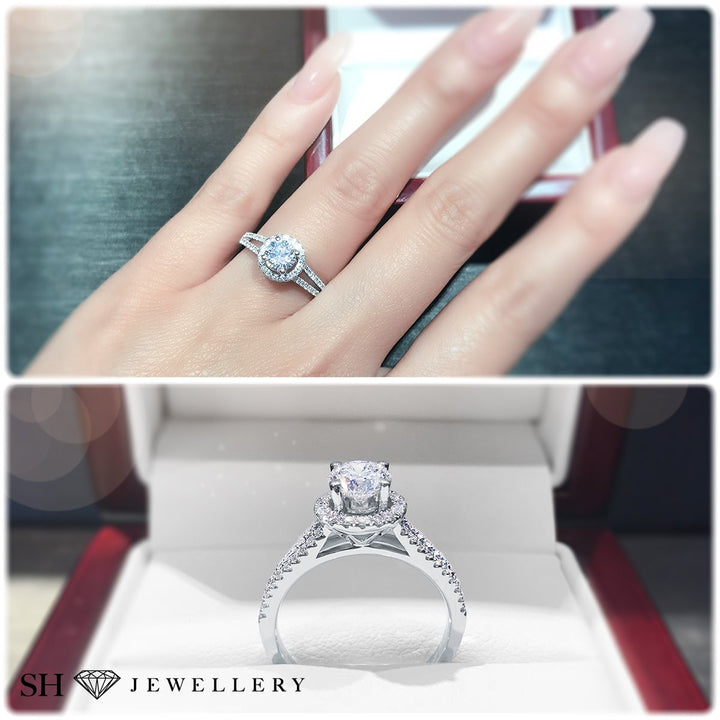 Halo style engagement ring with twin pavé set diamond bands - W0038