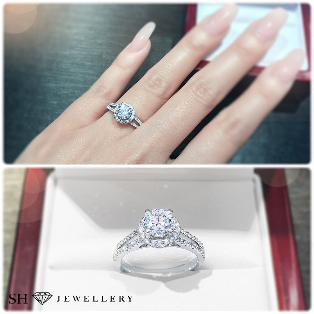 Halo style engagement ring with twin pavé set diamond bands - W0038