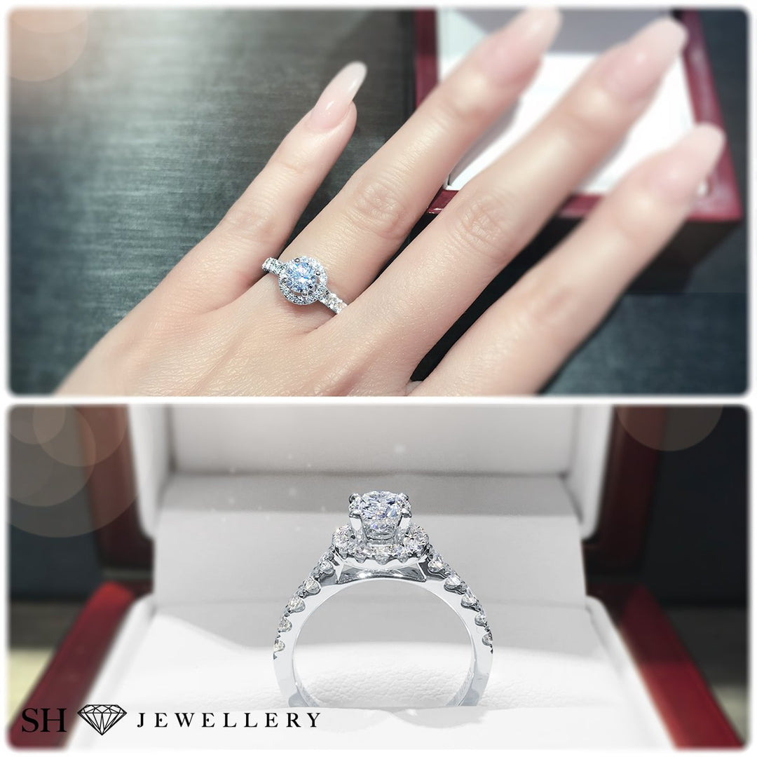Halo style engagement ring with pavé set band - W0044