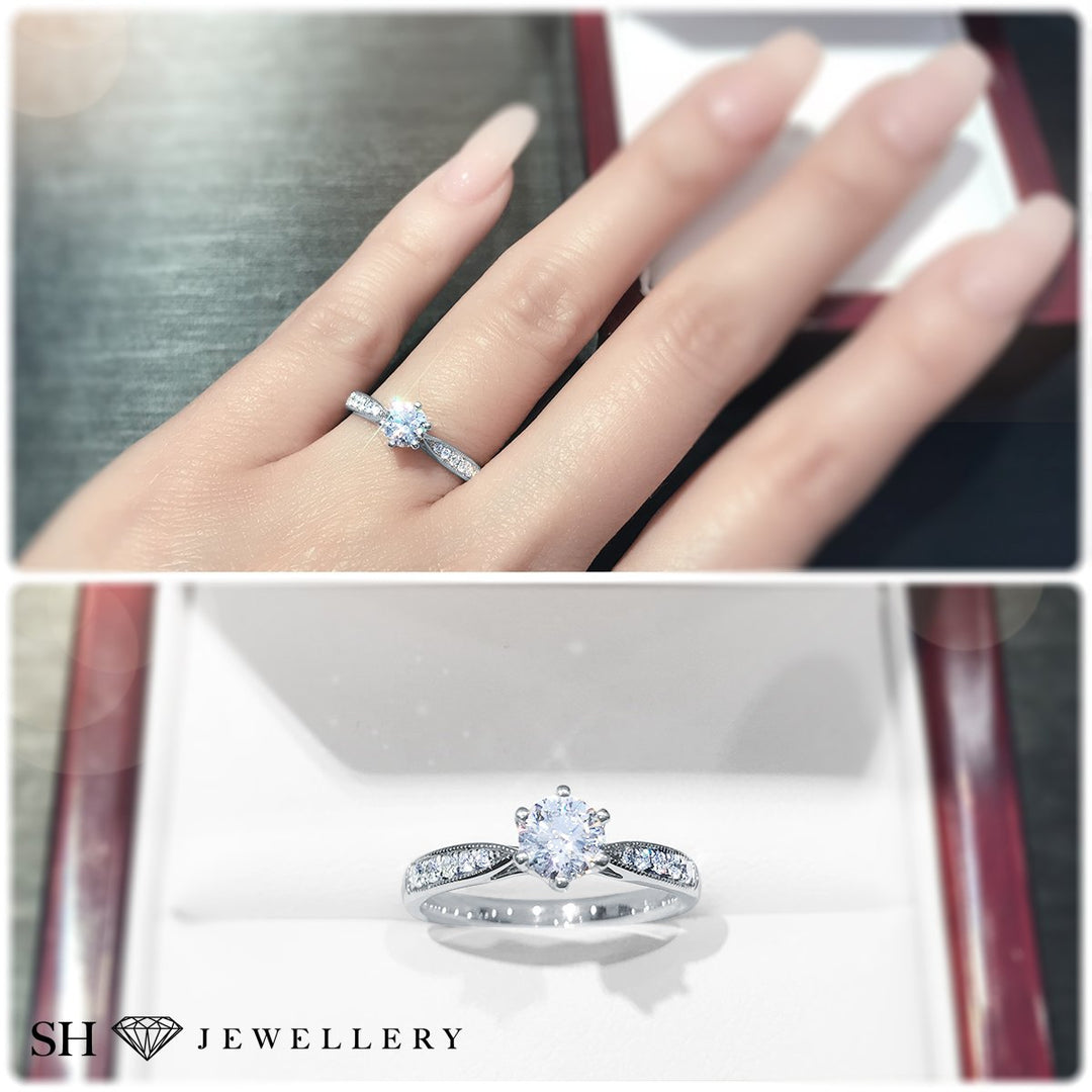 Minimalistic 6-claw ring with milgrain tapered band - W0248