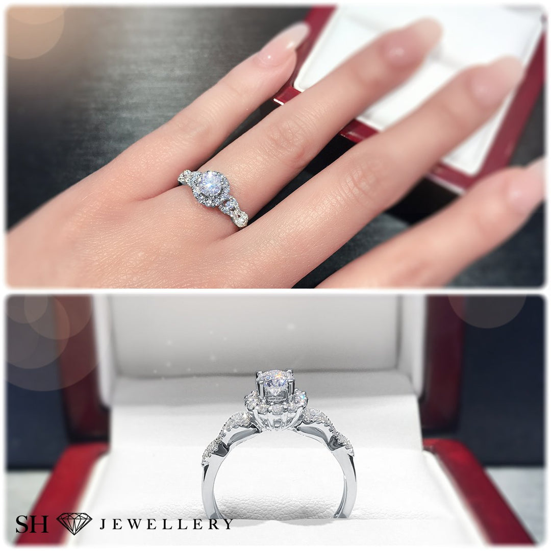 Halo engagement ring with wavy band - W0321