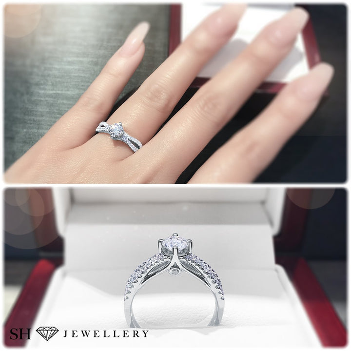Modern 4-Claw engagement ring with bow-shaped pavé set band - W0026