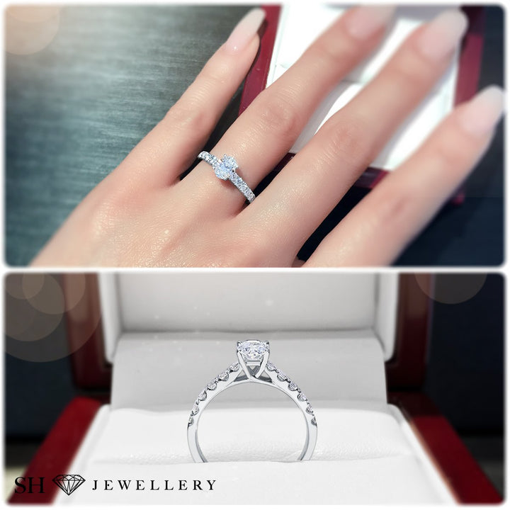 Timeless 4-claw Oval diamond ring with pave set band - W0407