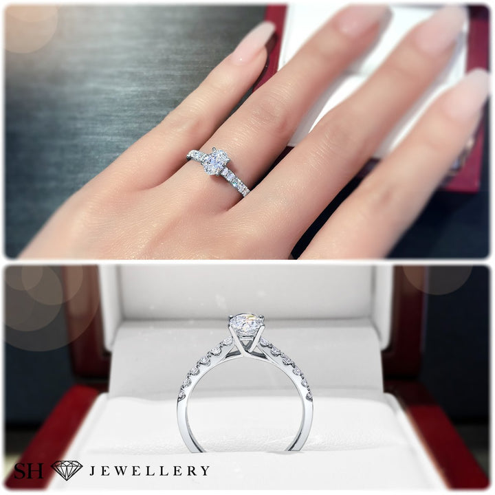 Timeless 4-claw Oval diamond ring with pave set band - W0407